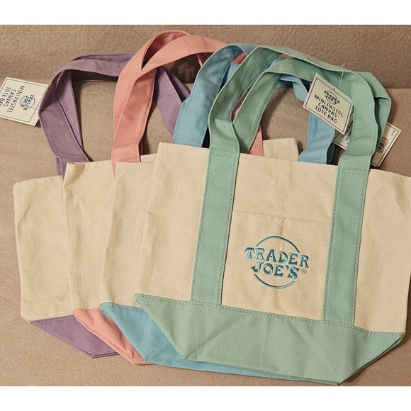 Trader Joe’s Mini Pastel Canvas Tote Bag Set Of 4 Different Colors Limited NWT - Picture 2 of 4